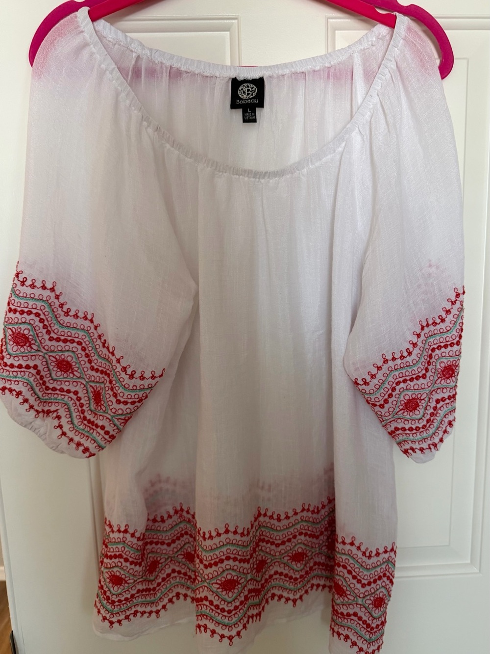 bobeau White Tunic with Red Embroidered Trim